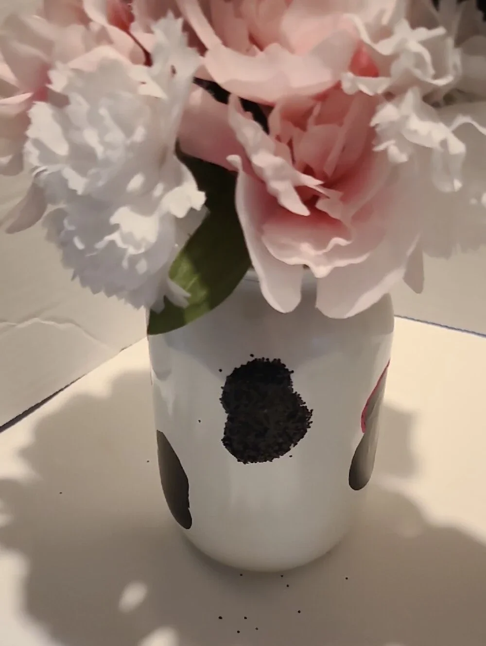 Handmade Pink & White Cow Print Floral Mason Jar Arrangement - Home Accents